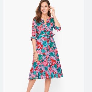 Talbots Sketched Blooms Floral Pink and Green Dress